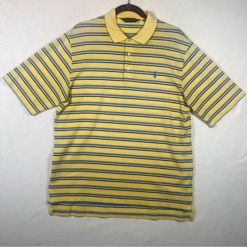 Polo Ralph Lauren Golf Yellow and Blue Tone Striped Polo Shirt Size Medium